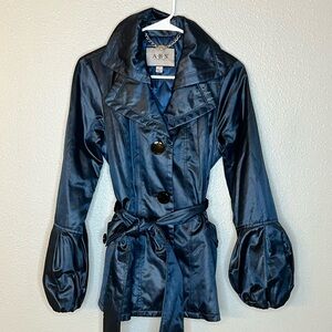 ABS Allen Schwartz Navy Blue Satin Trench Coat